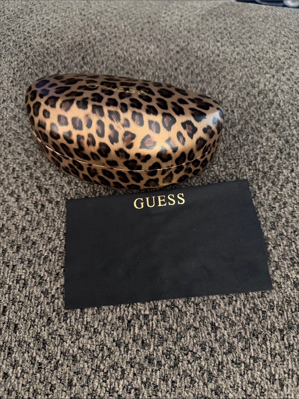 GUESS Leopard Print Eyewear Case in Brown and Black with cleaning cloth
